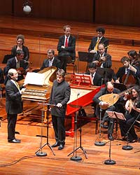 Conductor Andrea Marco (left) leads the Venice Baroque Orchestra in Vivaldi's opera, with bass Lorenzo Regazzo as Astolfo.