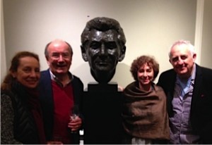 Jamie Bernstein, Richard Suart (Dr Pangloss), Nina Bernstein-Simmons and Bramwell Tovey after "Candide", Tanglewood, August 2014 with Penelope Jenck's superb bronze of composer Leonard Bernstein.