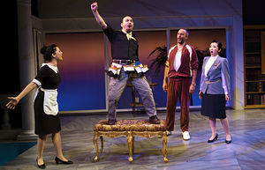 From left, Samarie Alicea, José Adán Pérez, Ethan Herschenfeld and Sahoko Sato Timpone in “¡Figaro! (90210)” at the Duke on 42nd Street. Political strands in familiar works have been popping out with new resonance in a series of recent performances.