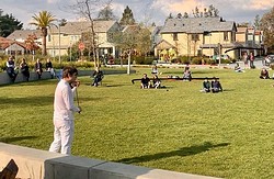 Francisco Fullana performs for a "socially distant" but attentive audience in Stanford's University Terrace neighborhood.